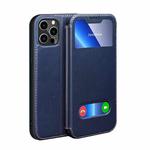 Yak Texture Horizontal Flip View Time Top Layer Cowhide Leather Case with Holder & Call Display ID For iPhone 13 Pro(Royal Blue)