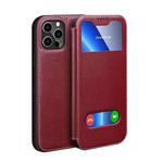 Yak Texture Horizontal Flip View Time Top Layer Cowhide Leather Case with Holder & Call Display ID For iPhone 13 Pro Max(Wine Red)