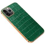 Electroplated Edge Crocodile Texture Top Layer Cowhide Leather Back Cover Shockproof Case For iPhone 13 Pro Max(Green)