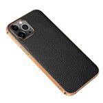 Electroplated Edge Litchi Texture Top Layer Cowhide Leather Back Cover Shockproof Case For iPhone 13 Pro(Black)