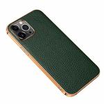 Electroplated Edge Litchi Texture Top Layer Cowhide Leather Back Cover Shockproof Case For iPhone 13 Pro(Green)