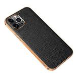 Electroplated Edge Litchi Texture Top Layer Cowhide Leather Back Cover Shockproof Case For iPhone 13 Pro Max(Black)