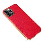 Electroplated Edge Litchi Texture Top Layer Cowhide Leather Back Cover Shockproof Case For iPhone 13 Pro Max(Red)
