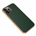 For iPhone 13 Electroplated Edge Litchi Texture Top Layer Cowhide Leather Back Cover Shockproof Case Pro Max(Green)