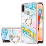 For Samsung Galaxy A11 / M11 Electroplating Marble Pattern IMD TPU Shockproof Case with Ring Holder(Green 004)