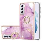For Samsung Galaxy S21 5G Electroplating Marble Pattern IMD TPU Shockproof Case with Ring Holder(Purple 001)