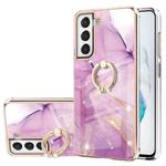 For Samsung Galaxy S21 FE 5G Electroplating Marble Pattern IMD TPU Shockproof Case with Ring Holder(Purple 001)