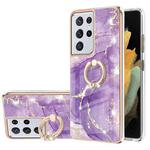 For Samsung Galaxy S21 Ultra 5G Electroplating Marble Pattern IMD TPU Shockproof Case with Ring Holder(Purple 002)