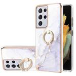 For Samsung Galaxy S21 Ultra 5G Electroplating Marble Pattern IMD TPU Shockproof Case with Ring Holder(White 006)