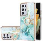 For Samsung Galaxy S21 Ultra 5G Electroplating Marble Pattern IMD TPU Shockproof Case with Ring Holder(Green 003)