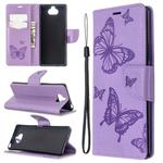 For Sony Xperia 20 Embossing Two Butterflies Pattern Horizontal Flip PU Leather Case with Holder & Card Slot & Wallet & Lanyard(Purple)