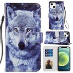 For iPhone 13 Painted Pattern Horizontal Flip Leather Case with Holder & Card Slots & Photo Frame(White Wolf)