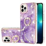 For iPhone 13 Pro Electroplating Marble Pattern IMD TPU Shockproof Case with Ring Holder (Purple 002)