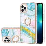 For iPhone 13 Pro Electroplating Marble Pattern IMD TPU Shockproof Case with Ring Holder (Green 004)