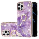 For iPhone 12 Pro Max Electroplating Marble Pattern IMD TPU Shockproof Case with Ring Holder(Purple 002)