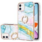 For iPhone 11 Electroplating Marble Pattern IMD TPU Shockproof Case with Ring Holder (Green 004)