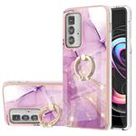 For Motorola Moto Edge 20 Pro Electroplating Marble Pattern IMD TPU Shockproof Case with Ring Holder(Purple 001)