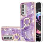 For Motorola Moto Edge 20 Pro Electroplating Marble Pattern IMD TPU Shockproof Case with Ring Holder(Purple 002)