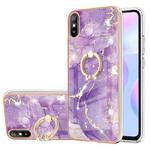 For Xiaomi Redmi 9A Electroplating Marble Pattern IMD TPU Shockproof Case with Ring Holder(Purple 002)