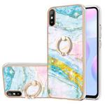 For Xiaomi Redmi 9A Electroplating Marble Pattern IMD TPU Shockproof Case with Ring Holder(Green 004)