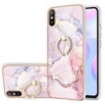 For Xiaomi Redmi 9A Electroplating Marble Pattern IMD TPU Shockproof Case with Ring Holder(Rose Gold 005)