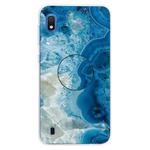 For Galaxy A10 Embossed varnished Marble TPU Protective Case with Holder(Light Blue)