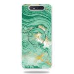For Galaxy A80 Embossed varnished Marble TPU Protective Case with Holder(Dark Green)