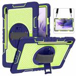 For Samsung Galaxy Tab S7 FE T730 / T735 / Tab S7+ T970 / T975 360 Degree Rotation Contrast Color Shockproof Silicone + PC Case with Holder & Hand Grip Strap & Shoulder Strap(Navy+Yellow Green)