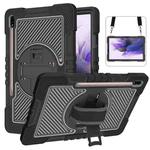For Samsung Galaxy Tab S7 FE T730 / T735 / Tab S7+ T970 / T975 360 Degree Rotation Contrast Color Shockproof Silicone + PC Case with Holder & Hand Grip Strap & Shoulder Strap(Black)