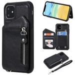 For iPhone 11 Dual Buckles Zipper Shockproof Back Cover Protective Case with Holder & Card Slots & Wallet & Lanyard & Photos Frames(Black)