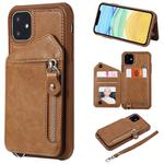 For iPhone 11 Dual Buckles Zipper Shockproof Back Cover Protective Case with Holder & Card Slots & Wallet & Lanyard & Photos Frames(Coffee)