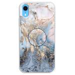 For iPhone XR Embossed Varnished Marble TPU Protective Case with Holder(Gold Grey)