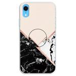 For iPhone XR Embossed Varnished Marble TPU Protective Case with Holder(Black White Pink)