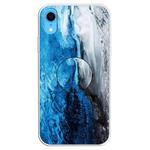 For iPhone XR Embossed Varnished Marble TPU Protective Case with Holder(Dark Blue)