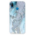 For Huawei P20 Lite Embossed Varnished Marble TPU Protective Case with Holder(Silver Blue)