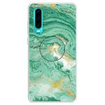 For Huawei P30 Embossed Varnished Marble TPU Protective Case with Holder(Dark Green)