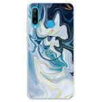 For Huawei P30 Lite Embossed Varnished Marble TPU Protective Case with Holder(Gold Line Blue)