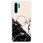 For Huawei P30 Pro Embossed Varnished Marble TPU Protective Case with Holder(Black White Pink)