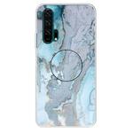 For Huawei Honor 20 Pro Embossed Varnished Marble TPU Protective Case with Holder(Silver Blue)
