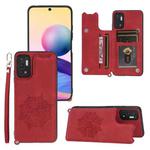 For Xiaomi Redmi Note 10 5G Mandala Embossed PU + TPU Magnetic Case with Card Slots & Holder & Lanyard(Red)