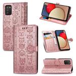 For Samsung Galaxy A03s 166mm Cute Cat and Dog Embossed Horizontal Flip Leather Case with Holder & Card Slots & Wallet & Lanyard(Rose Gold)