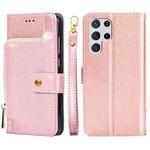 For Samsung Galaxy S22 Ultra 5G Zipper Bag PU + TPU Horizontal Flip Leather Case with Holder & Card Slot & Wallet & Lanyard(Rose Gold)