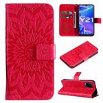 For vivo Y21/Y21s/Y33s Pressed Printing Sunflower Pattern Horizontal Flip PU Leather Case with Holder & Card Slots & Wallet & Lanyard(Red)