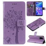 For vivo Y21/Y21s/Y33s Tree & Cat Embossing Pattern Horizontal Flip PU Leather Case with Holder & Card Slots & Wallet & Lanyard(Light Purple)