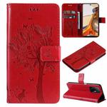 For Xiaomi 11T / 11T Pro Tree & Cat Embossing Pattern Horizontal Flip PU Leather Case with Holder & Card Slots & Wallet & Lanyard(Red)