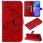 For vivo Y21 2021 / Y21s / Y33s Pressed Printing Butterfly Pattern Horizontal Flip PU Leather Case with Holder & Card Slots & Wallet & Lanyard(Red)