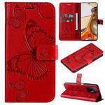 For Xiaomi Mi 11T / 11T Pro Pressed Printing Butterfly Pattern Horizontal Flip PU Leather Case with Holder & Card Slots & Wallet & Lanyard(Red)