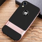 For iPhone XR Plaid Texture Non-slip TPU + PC Case with Holder(Rose Gold)