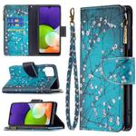 For Samsung Galaxy A22 4G Colored Drawing Pattern Zipper Horizontal Flip Leather Phone Case with Holder & Card Slots & Wallet(Plum Blossom)