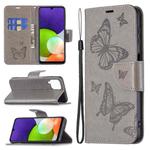 For Samsung Galaxy A22 4G Embossing Two Butterflies Pattern Horizontal Flip Leather Phone Case with Holder & Card Slot & Wallet & Lanyard(Grey)